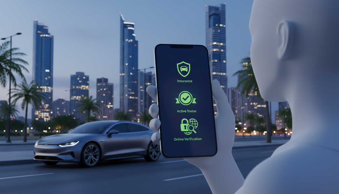 Una persona verificando el estado de su seguro de auto en un smartphone, con el horizonte de la ciudad de Panamá y un coche en el fondo.