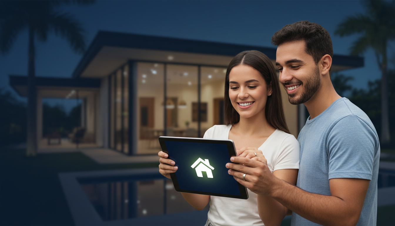 Una pareja panameña feliz mirando una tableta, simbolizando la seguridad de su hogar con un seguro de vida para un préstamo hipotecario.