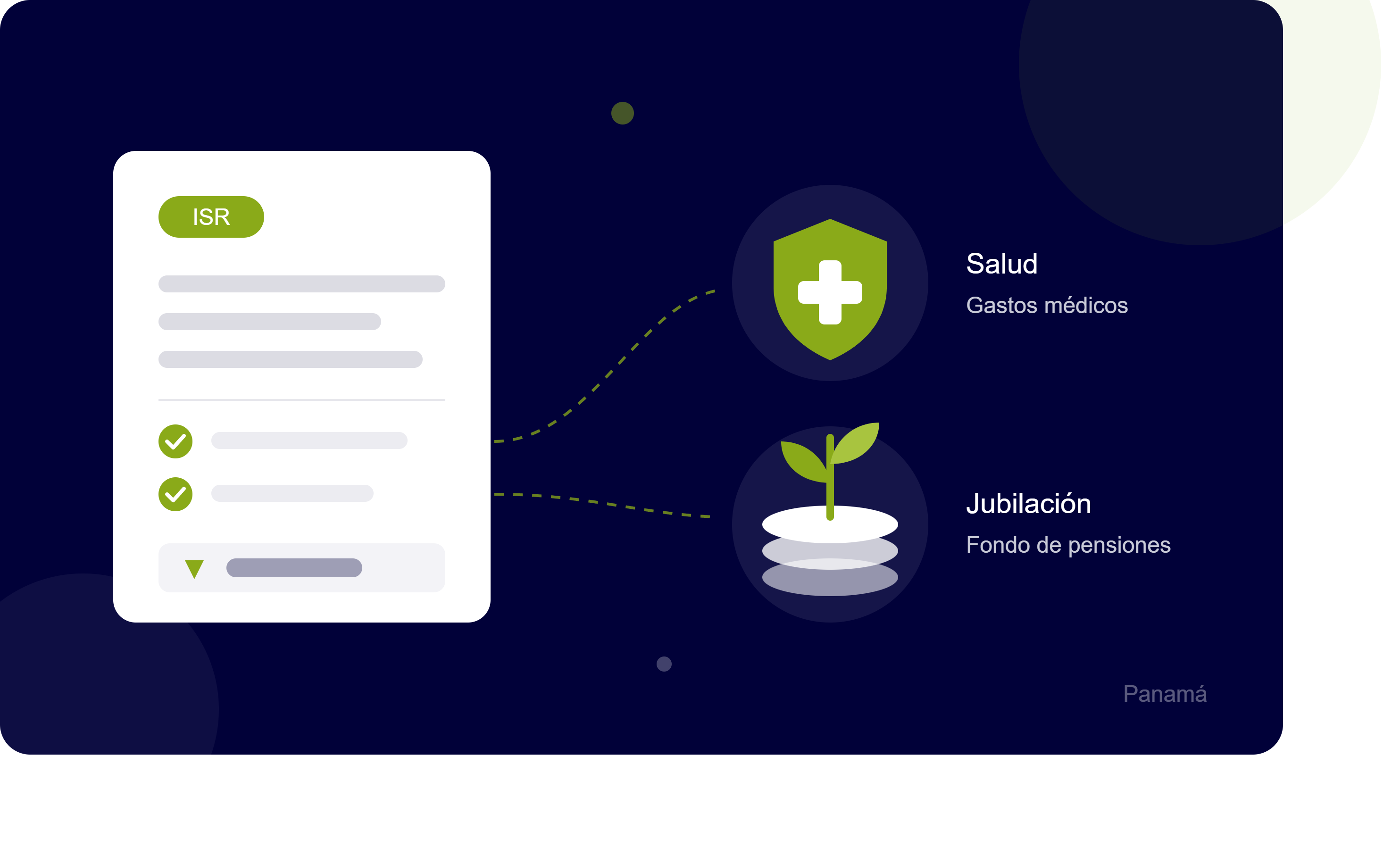 Persona revisando documentos fiscales y calculadora, con tarjeta de seguro médico y alcancía, simbolizando deducciones de ISR por salud y jubilación privada en Panamá.