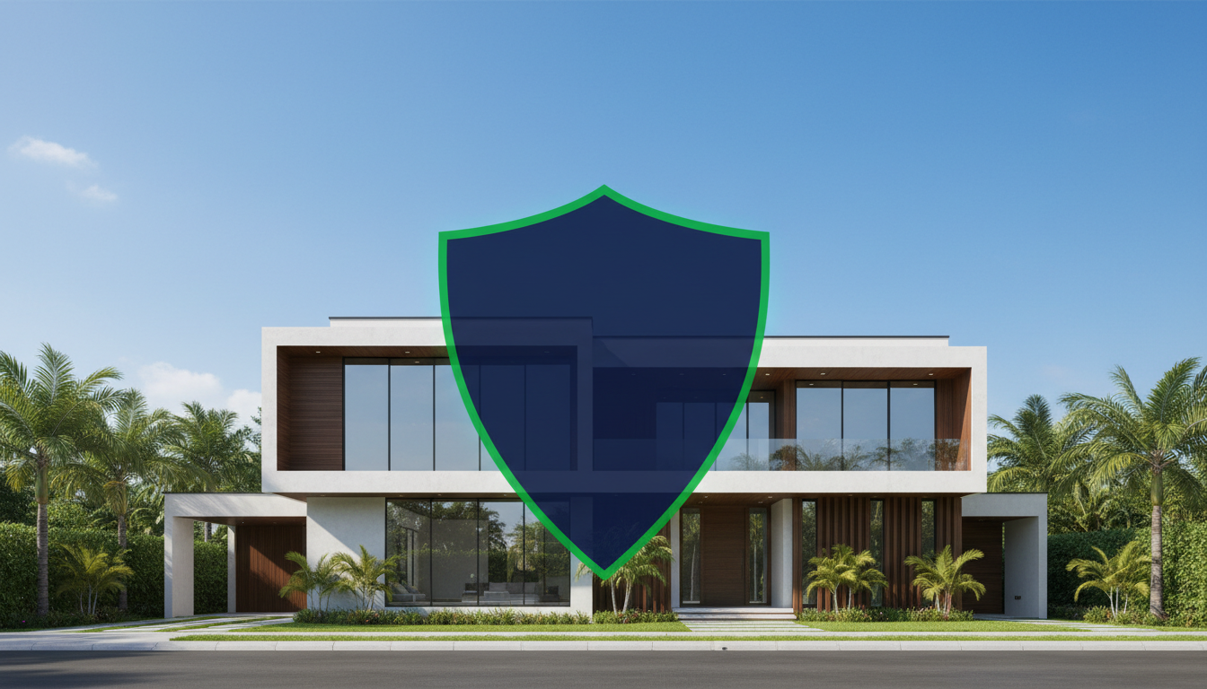 Una casa moderna bajo un cielo despejado, con un escudo protector transparente que simboliza la seguridad del seguro de incendio.