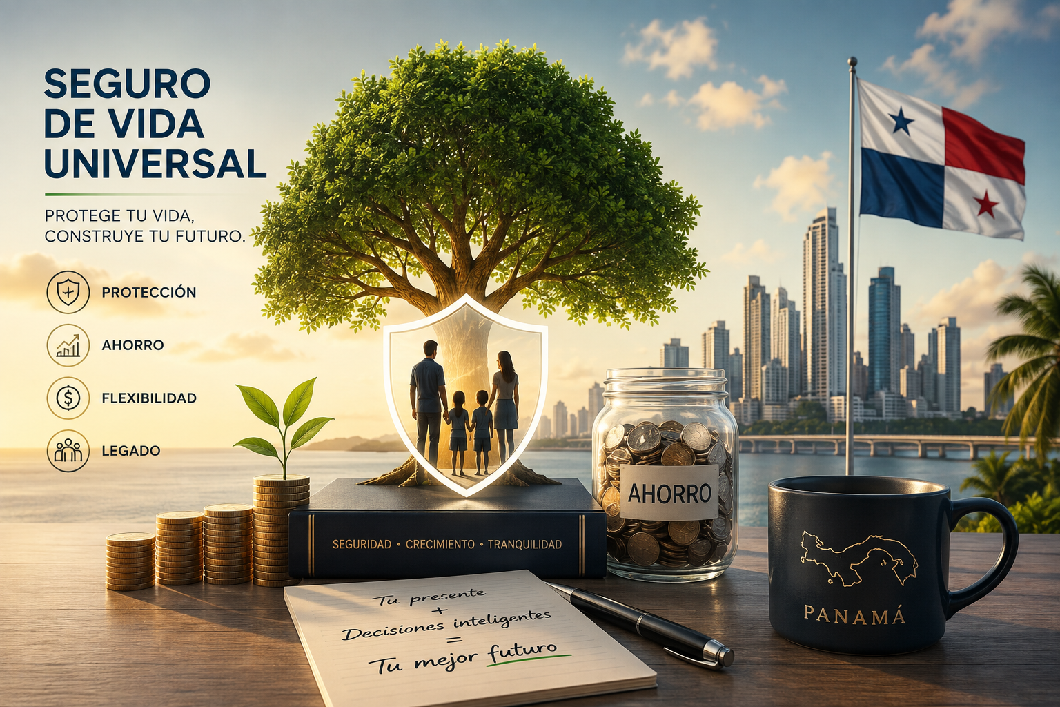 Familia panameña sonriendo, simbolizando protección y crecimiento financiero con un seguro de vida universal.