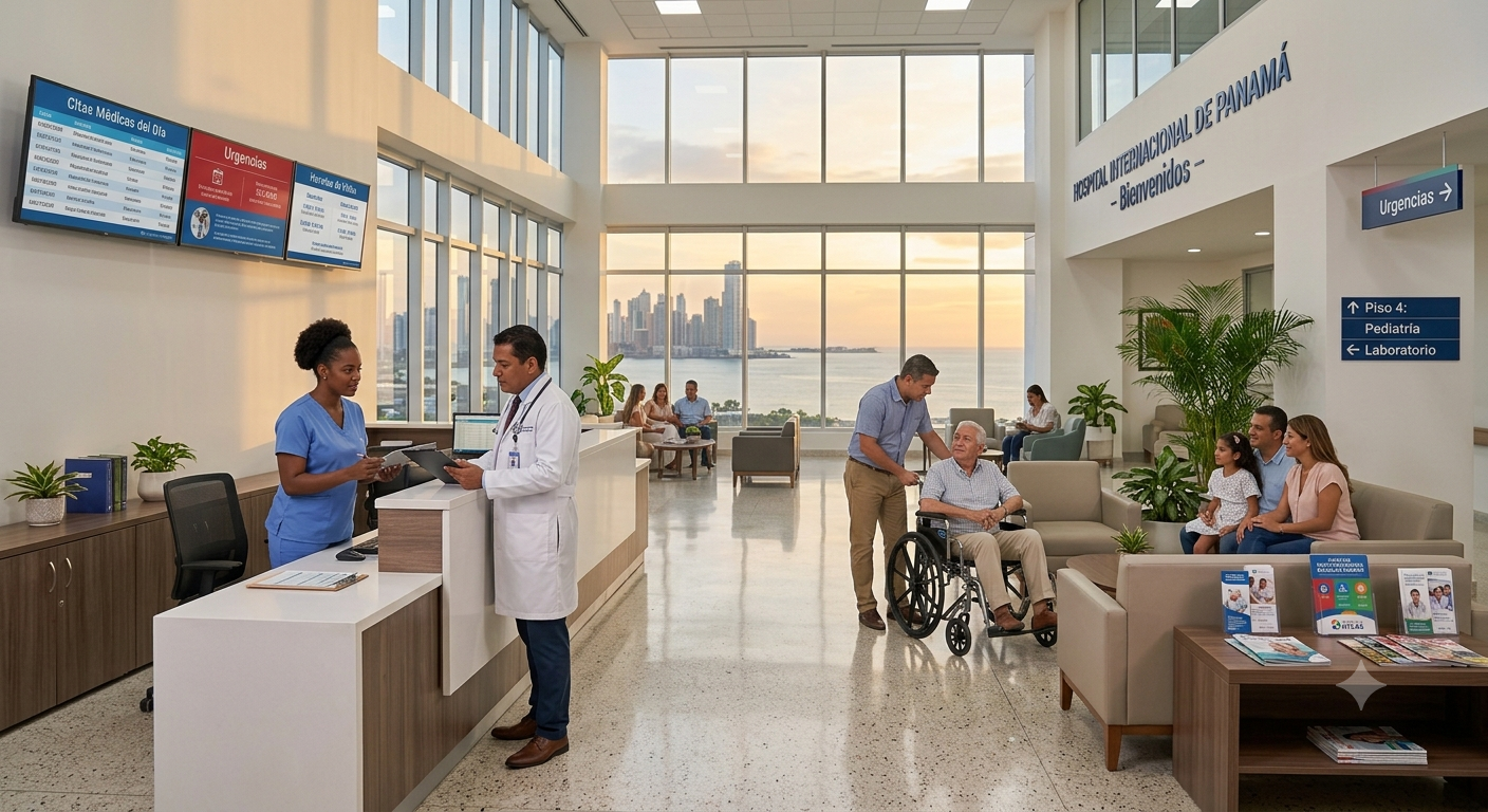 Habitación moderna de hospital en Panamá con paciente recuperándose y doctor conversando con un familiar, transmitiendo tranquilidad y atención médica de calidad.