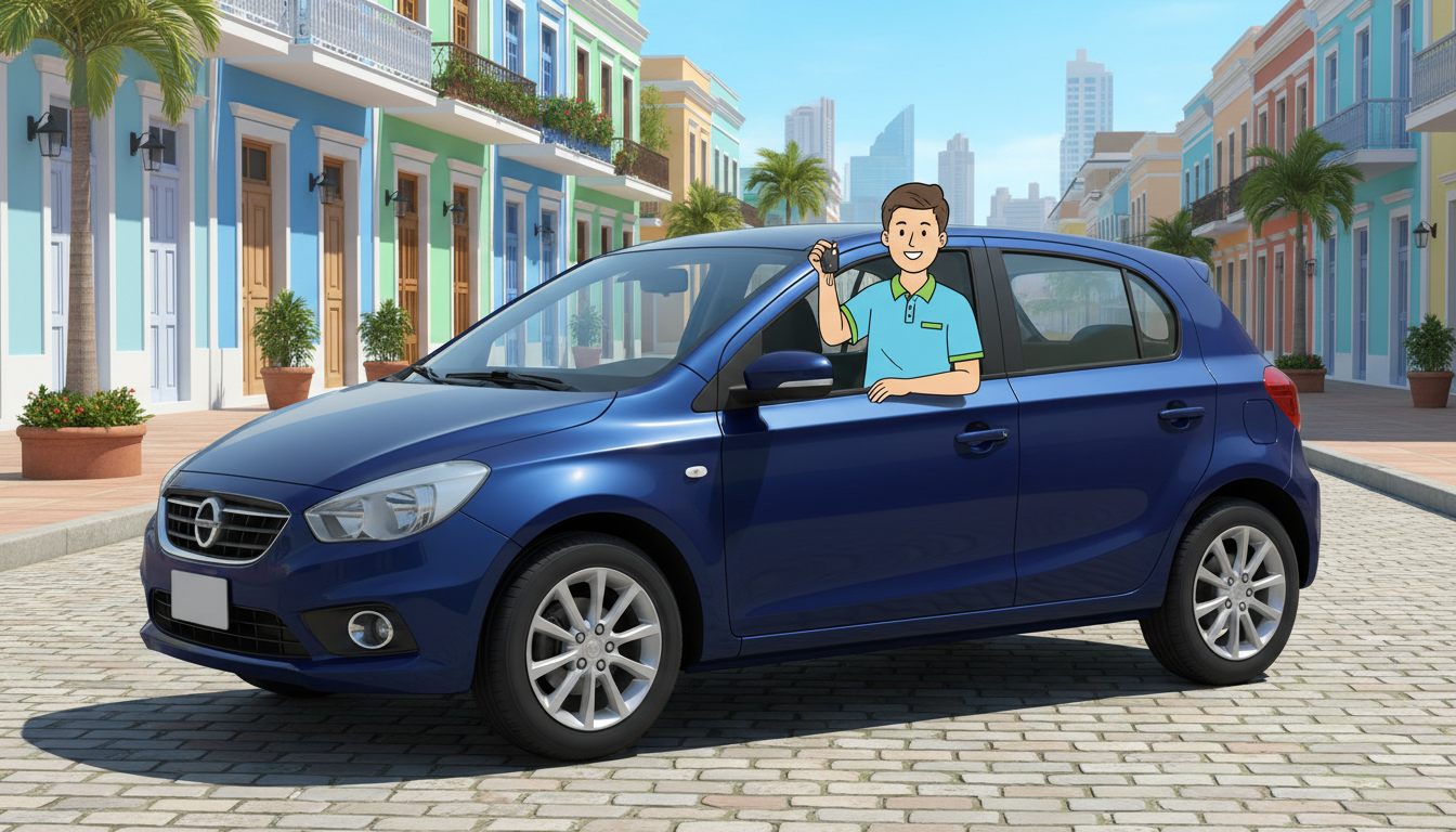 Un coche económico y bien cuidado en una calle soleada de Panamá, simbolizando la protección básica del seguro a terceros.
