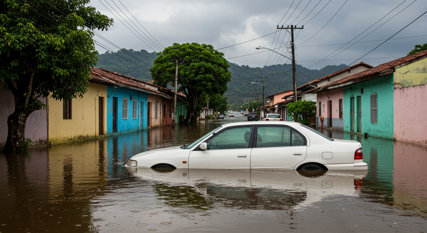 Carro blanco sedán apagado en una calle inundada en Panamá, mostrando los daños por agua.