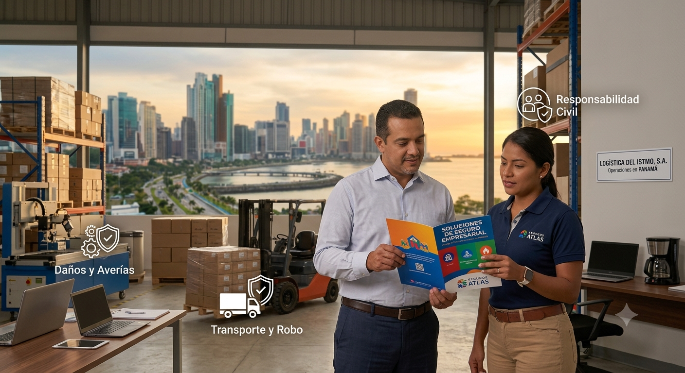 Equipo de trabajo diverso en una oficina moderna de Panamá, con elementos gráficos que simbolizan seguridad y protección empresarial.