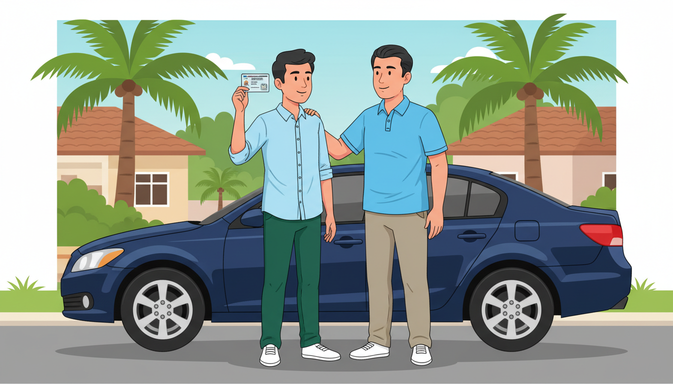 Un joven de 16 años con un permiso provisional de conducir, junto a un adulto, frente a un coche en Panamá.