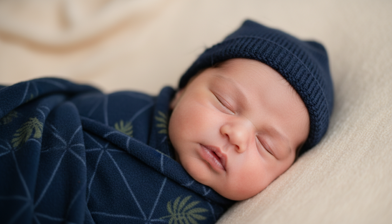 Un bebé recién nacido durmiendo plácidamente, envuelto en una manta suave, simbolizando protección y seguridad.